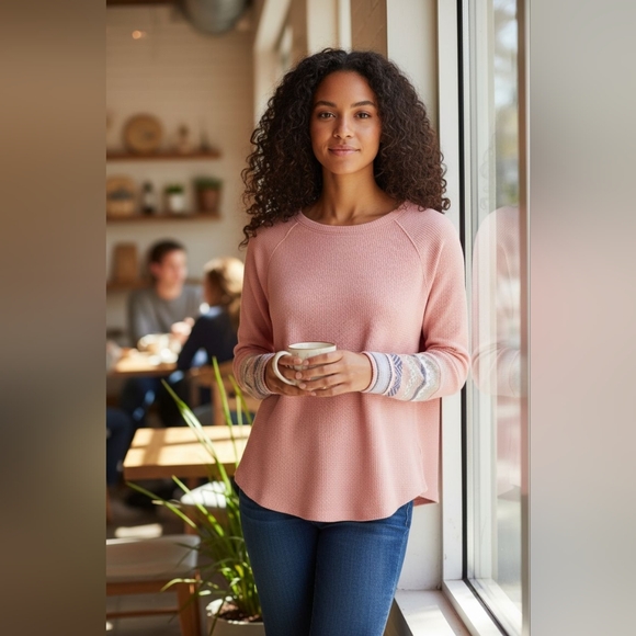 beachlunchlounge Tops - Beachlunchlounge Trace Dusty Rose Waffle Knit Thermal Size SM‎ Design Cuffs